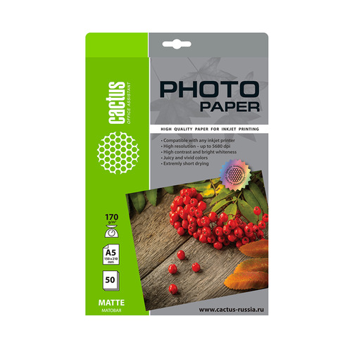 Фотобумага Cactus CS-MA517050, A5, 170г/м2, 50л, для струйной печати, белый, покрытие матовое