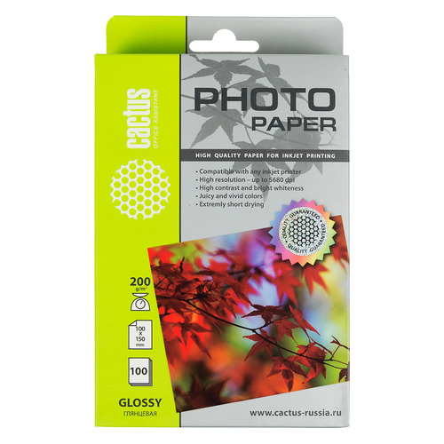 Фотобумага Cactus CS-GA6200100, 200г/м2, 100л, для струйной печати, белый, покрытие глянцевое