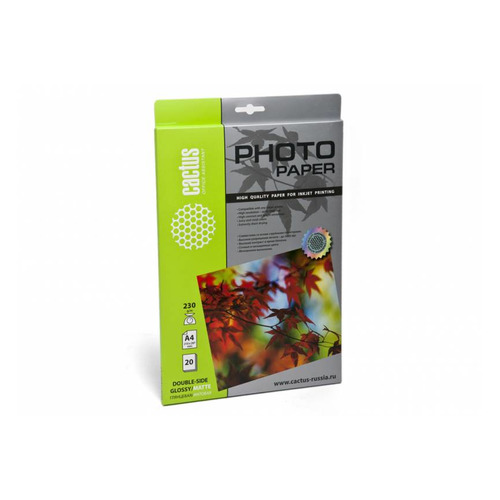 Фотобумага Cactus CS-GMA423020, A4, 230г/м2, 20л, для струйной печати, белый, покрытие глянцевое / матовое