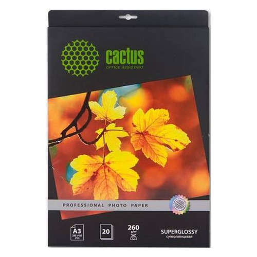 Фотобумага Cactus Prof, A3, 260г/м2, 20л, для струйной печати, белый, покрытие глянцевое [cs-hga326020]