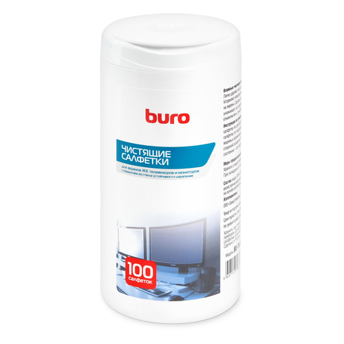 Влажные салфетки Buro BU-Tscrl, 100 шт (туба) для экранов ЭЛТ мониторов/плазменных/ЖК телевизоров/мониторов с покрытием из стекла