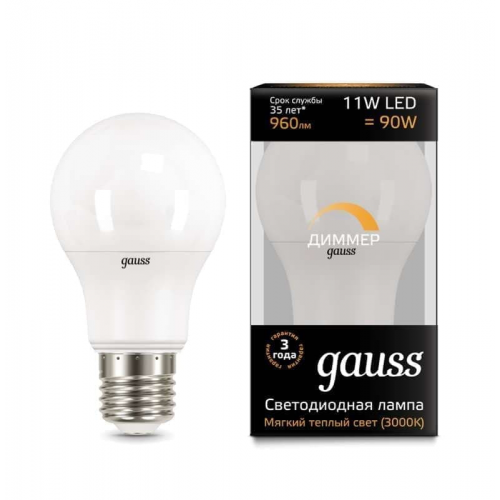 GAUSS Лампа светодиодная Led A60-dim E27 11Вт 3000К диммируемая Gauss 102502111-D, 1шт