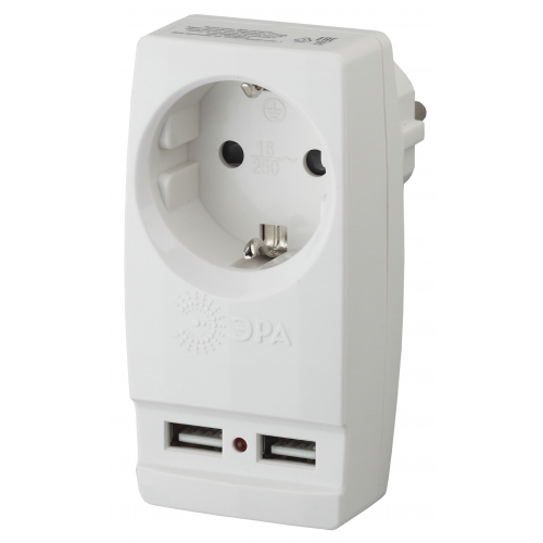 Разветвитель электрический ЭРА SP-1e-USB-W на 1 розетку + 2 USB с заземлением 16А белый, 1шт, ЭРА, SP-1e-USB-W, Б0026332
