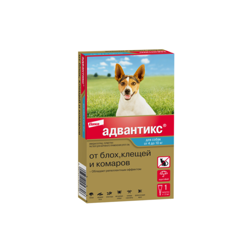 Адвантикс® для собак от 4 до 10 кг для защиты от блох, иксодовых клещей и летающих насекомых и переносимых ими заболеваний. 1 пипетка в упаковке