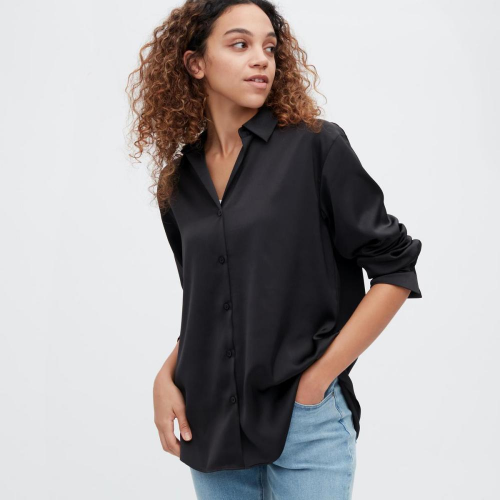 Женская атласная рубашка Uniqlo с длинными рукавами (Черный) размер M