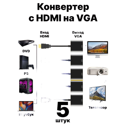 Адаптер переходник HDMI to VGA Adapter 5 шт (Черный)