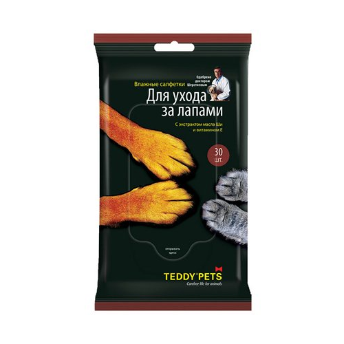 Влажные салфетки для кошек и собак Teddy Pets, для лап, с экстрактом масла Ши, 30шт
