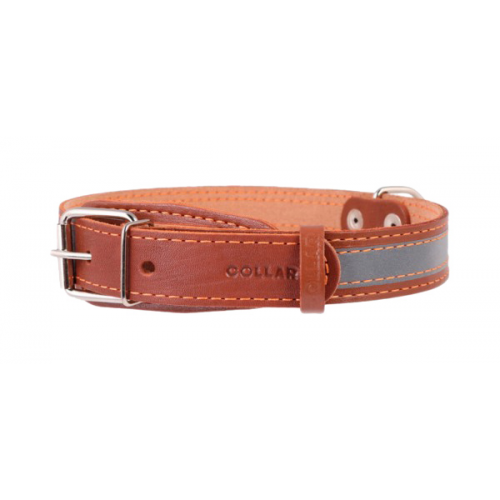 Ошейник для собак Collar, кожаный, со светоотражающей лентой, коричневый, 32-40 см x 20 мм