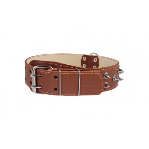 Ошейник для собак Collar, кожаный, двойной с шипами, коричневый, 56-68 см x 45 мм