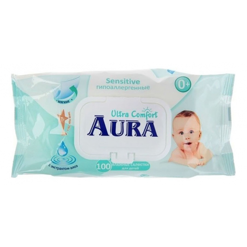 Детские влажные салфетки Aura Ultra Comfort с алоэ и витамином Е 100 шт