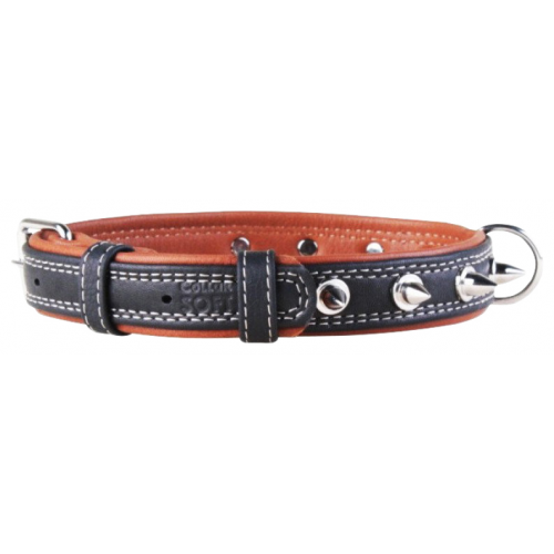 Ошейник для собак Collar Soft, кожаный с шипами, черный, 46-60 см x 35 мм
