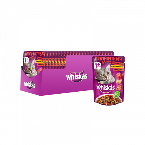 Влажный корм для кошек Whiskas Микс в томатном желе, говядина, домашняя птица, 24шт по 85г