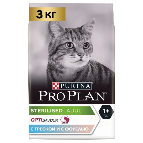 Сухой корм для кошек PRO PLAN Sterilised Optisavour, треска, форель, 3кг