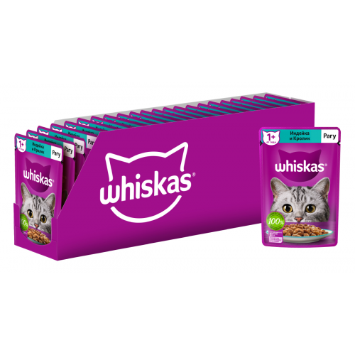 Влажный корм Whiskas для кошек, рагу с индейкой и кроликом, 28 шт по 75г