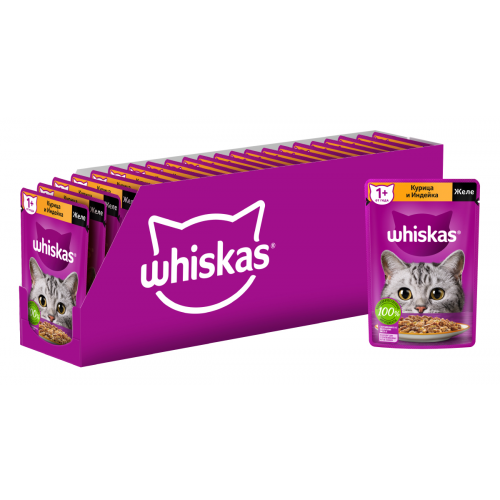 Влажный корм Whiskas для кошек, желе с курицей и индейкой, 28 шт по 75г