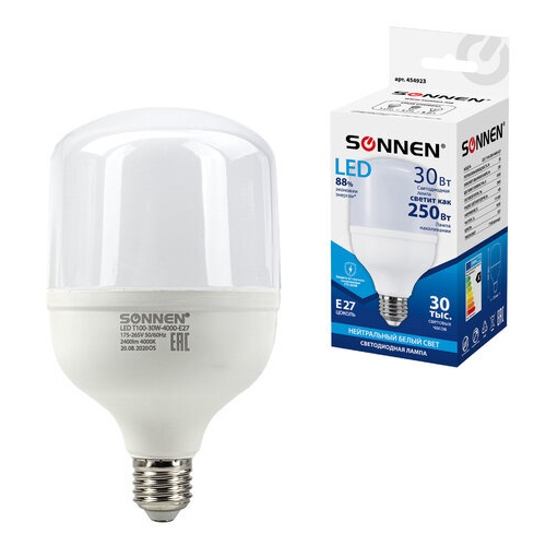 Лампа светодиодная SONNEN, 30 (250) Вт, цоколь Е27, цилиндр, LED Т100-30W-4000-E27, 454923