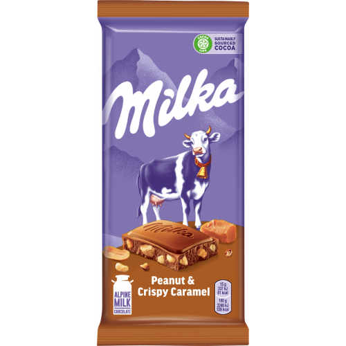 Шоколад Milka Молочный с арахисом и кусочками хрустящей карамели 90г