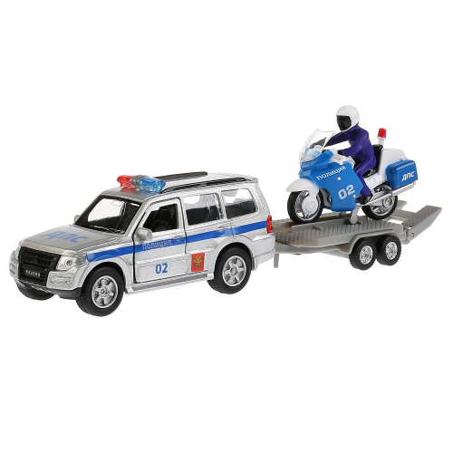 Машинка Технопарк Mitsubishi Pajero – Полиция, 12 см с мотоциклом на прицепе +MO-WB