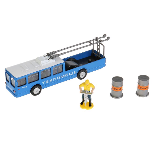Ремонтный троллейбус Технопарк металлический инерционный с аксессуарами, 16,5 см