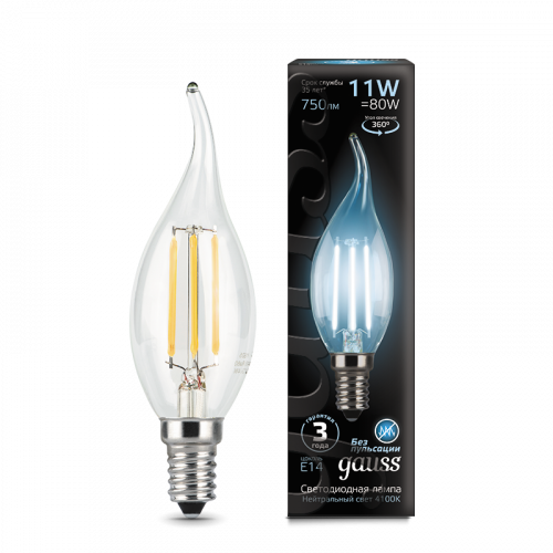 Упаковка ламп 10 штук Gauss Filament Свеча на ветру 11W 830lm 4100К Е14 LED