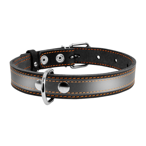 Ошейник для собак Collar, кожаный, со светоотражающей лентой, черный, 20мм х 32-40см
