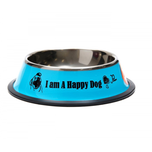 Миска Пижон I am Happy Dog, железная с нескользящим основанием, 15 х 3,5 см, 230 мл, синяя