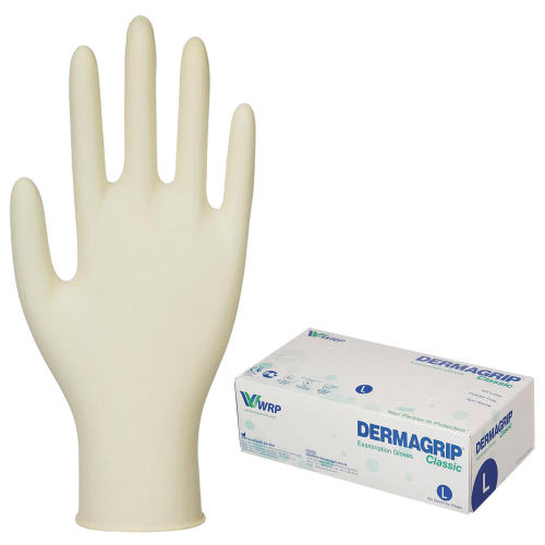 Перчатки латексные смотровые Dermagrip Classic D1503-10, 50 пар неопудренные, хлоринация L