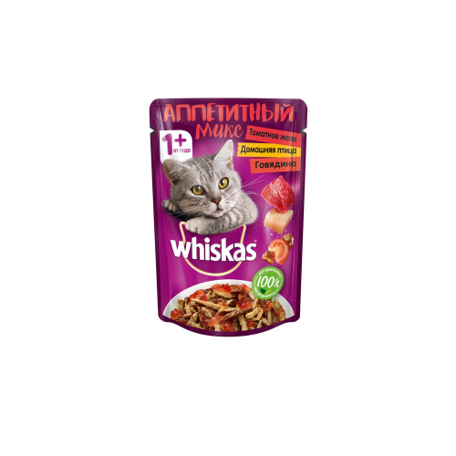 Влажный корм для кошек Whiskas Микс в томатном желе говядина, птица 85г