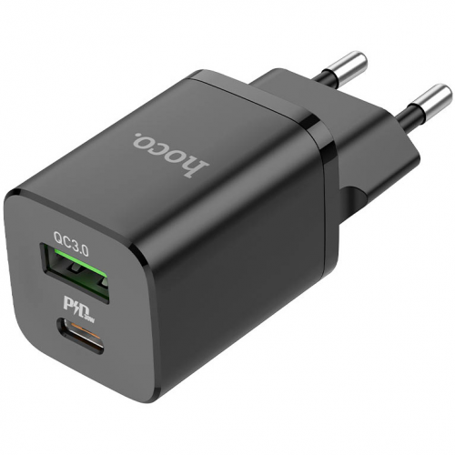 Сетевое зарядное устройство быстрое PD+QC 3.0 USB+USB Type-C Hoco N13 Bright - Черное