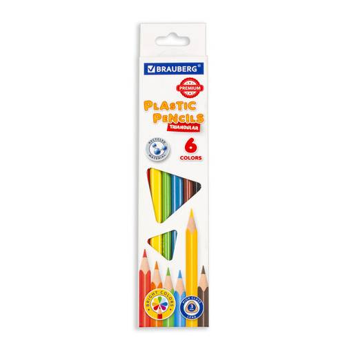 Карандаши цветные пластиковые BRAUBERG PREMIUM, 6 цветов, трехгранные, грифель мягкий 3 мм