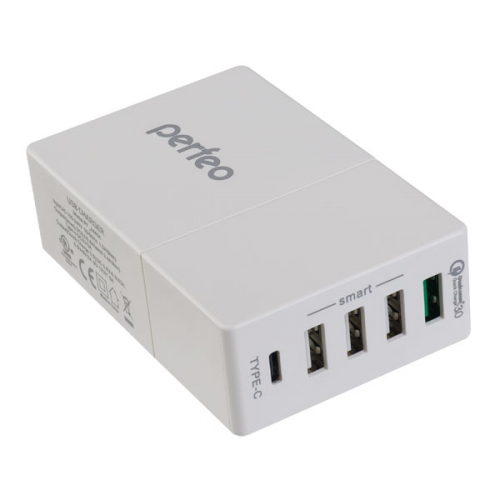 Сетевое зарядное устройство Perfeo PF A4454, 4 USB/1 USB Type-C, 3 A, white