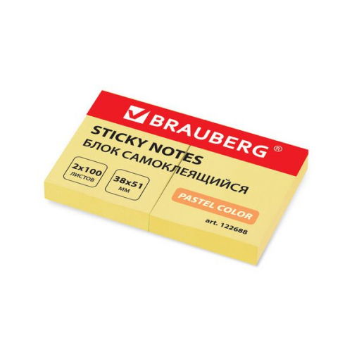 Блок самоклеящийся стикеры BRAUBERG, ПАСТЕЛЬНЫЙ, 38х51 мм, 100 л 2 шт, желтый, 122688
