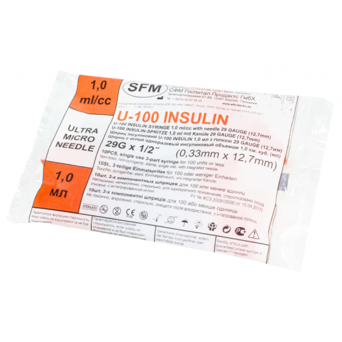 Шприц инсулиновый 1 мл U100 с иглой 29G 0,33Х12,7 SFM 10 шт