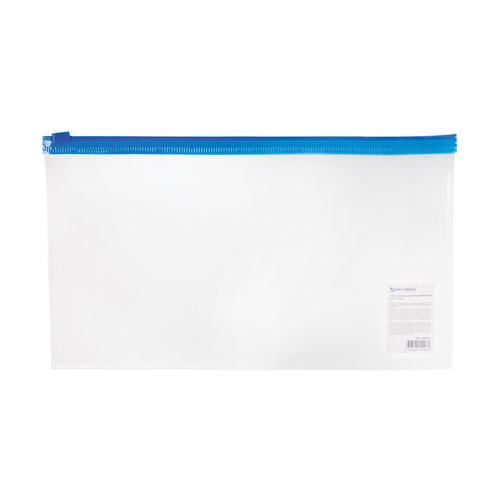 Папка-конверт на молнии BRAUBERG, 250х135 мм, прозрачная, молния синяя