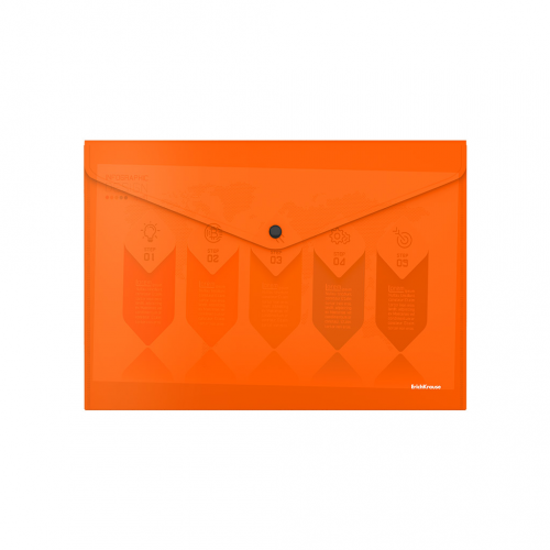 Папка-конверт на кнопке пластиковая ErichKrause Glossy Neon, полупрозрачная, A4, оранжевый