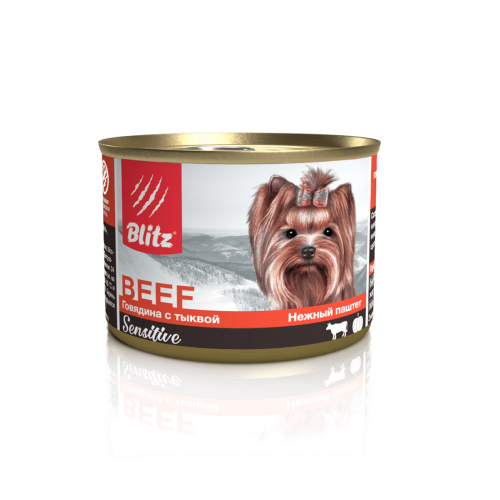 Консервы для собак всех пород и возрастов BLITZ Sensitive Говядина с тыквой, 200г
