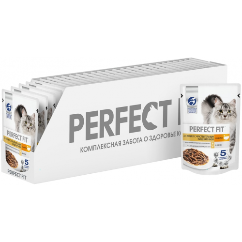 Влажный корм для кошек Perfect Fit полнорационный для чувствительного пищеварения с индейкой в соусе 75г (упаковка 28 шт.)