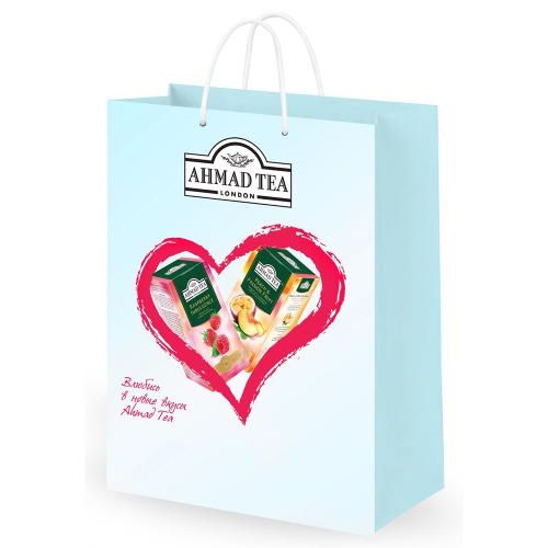 Подарочный голубой пакет от "Ahmad Tea" "Влюбись в новые вкусы", маленький, размеры 250*350*120