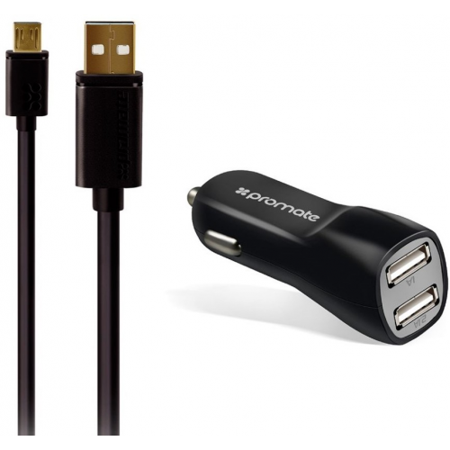 АЗУ Promate CarKit-M 2USB 3.1A + дата-кабель microUSB Black