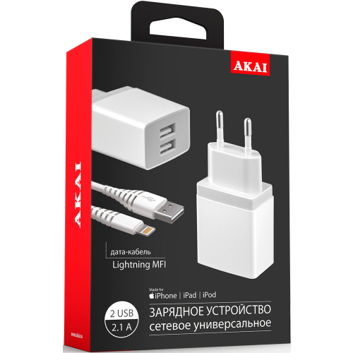 СЗУ Akai CH-6A06 2USB + дата-кабель Lightning MFI 2.1А White