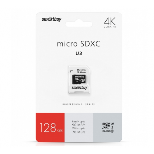 Карта памяти micro SDXC 128GB SmartBuy (Class 10 с адаптером ) UHS-I U3 A2 V30 4K (90/70) (SB128GBSDCL10U3-01)