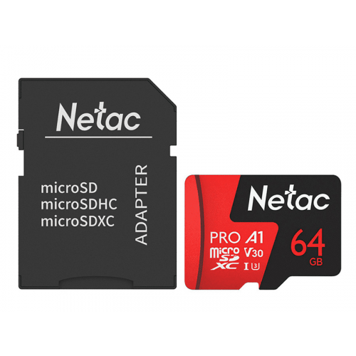 Карта памяти 64Gb - Netac P500 Extreme Pro MicroSDXC Class 10 A1 V30 NT02P500PRO-064G-R с переходником под SD