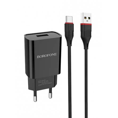 Зарядное устройство Borofone BA20A Sharp 1xUSB 2.1А + кабель Type-C Black 6931474702142