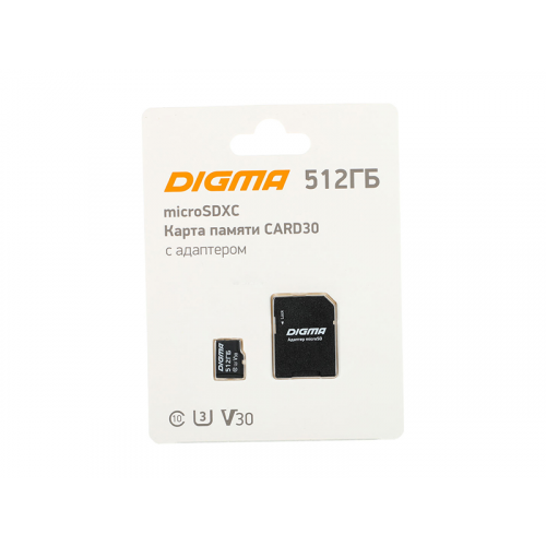 Карта памяти 512Gb - Digma MicroSDXC Class 10 Card30 DGFCA512A03 с переходником под SD