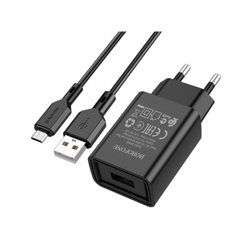 Зарядное устройство Borofone BA68A Glacier 1xUSB 2.1А + кабель MicroUSB Black 6974443385700