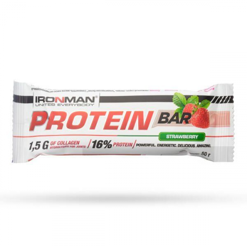 Батончик протеиновый с коллагеном клубника в белой глазури Protein Bar Ironman 50г 12шт АРТ Современные научные технологии ООО