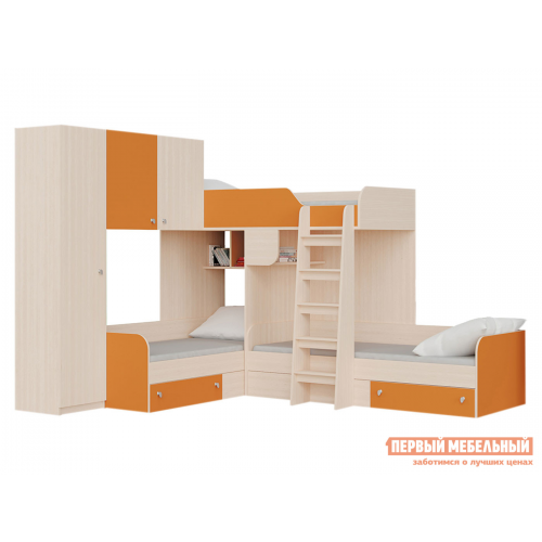 Двухъярусная кровать Трио Дуб Молочный / Оранжевый, Левая