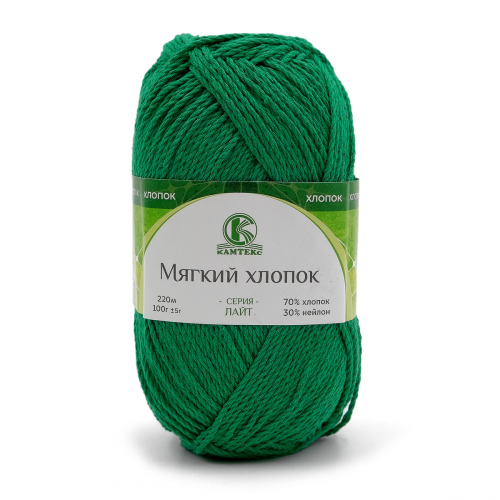Пряжа Камтекс 'Мягкий хлопок' 100гр. 220м. (70% хлопок, 30% нейлон) (109 яркий зеленый) КАМТЕКС