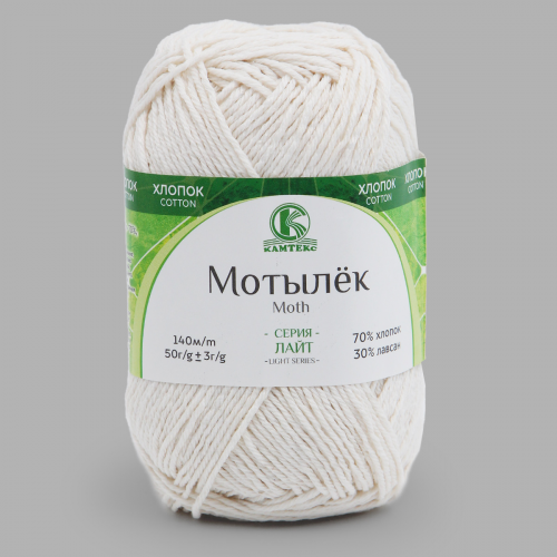 Пряжа Камтекс 'Мотылек' 50гр. 140м. (70% хлопок, 30% лавсан) (205 белый) КАМТЕКС