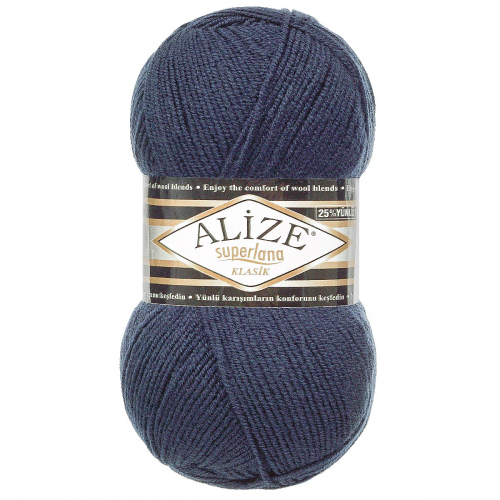 Пряжа ALIZE 'Superlana klasik' (однотонная) 100гр. 280м. (75% акрил, 25%шерсть) ТУ (58 темно-синий) Alize